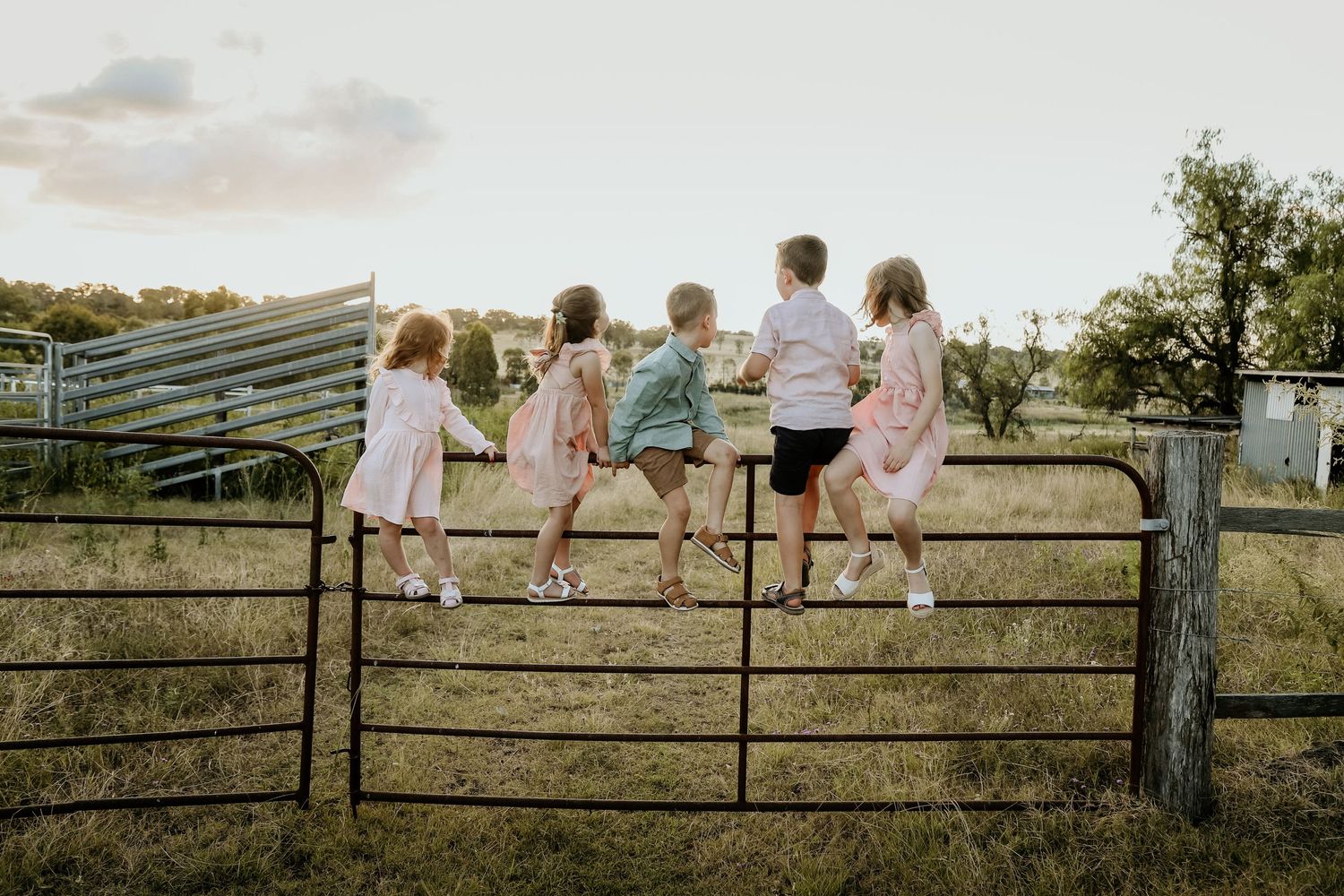 Cousins all playing together on a farm gate