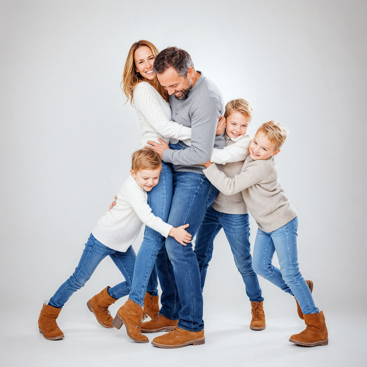 Happy family of five wearing coordinating casual outfits hugging and laughing together against gray background.