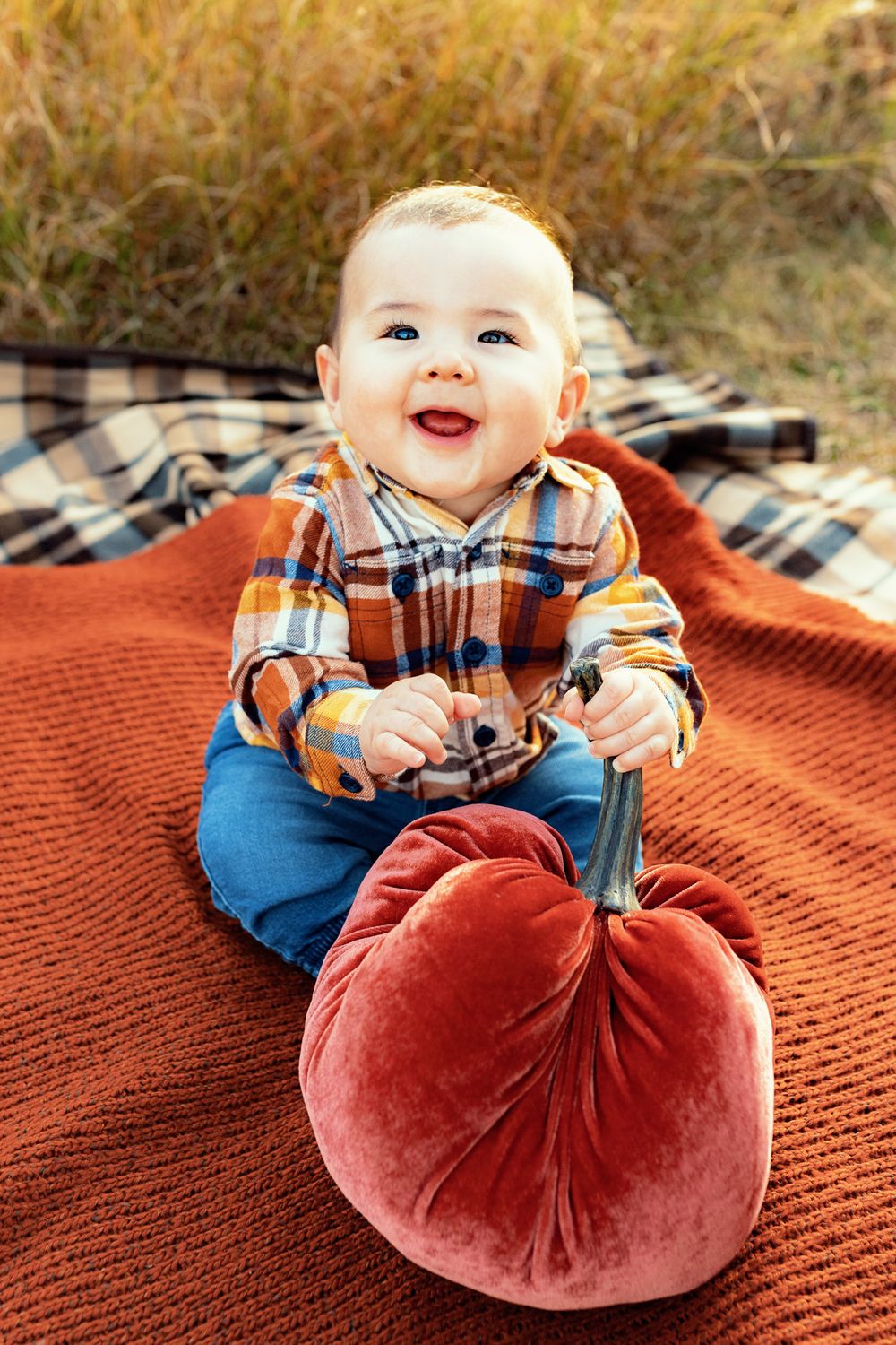Toddler in plaid shirt sits on orange blanket with large velvet pumpkin during autumn photoshoot.
