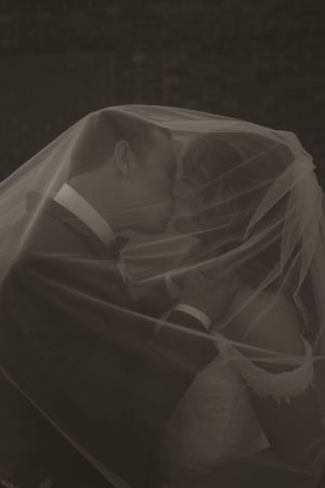 Abstract composition of delicate wedding veil fabric creating ethereal patterns in low light.