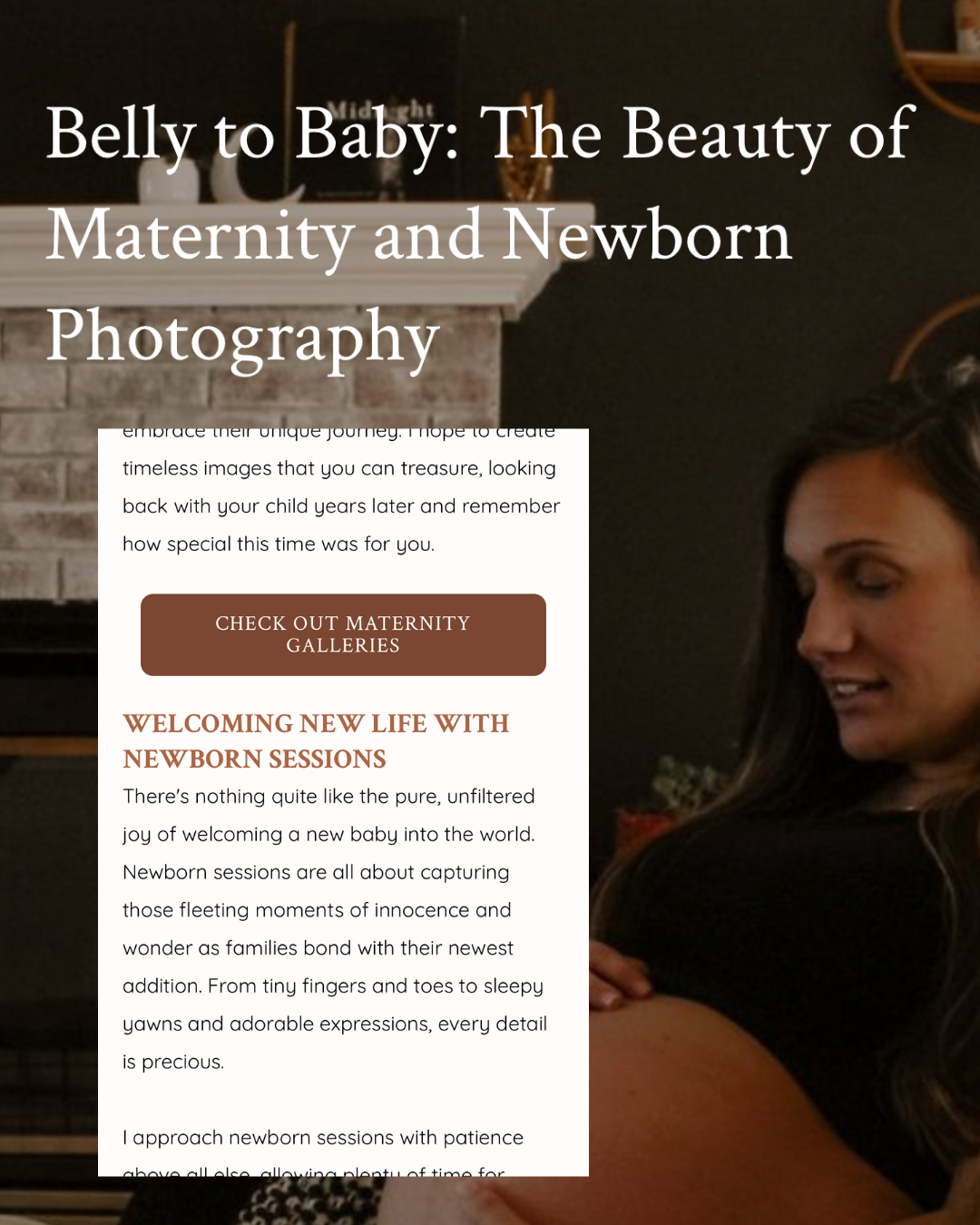A webpage showcasing maternity and newborn photography services with a dark moody aesthetic.