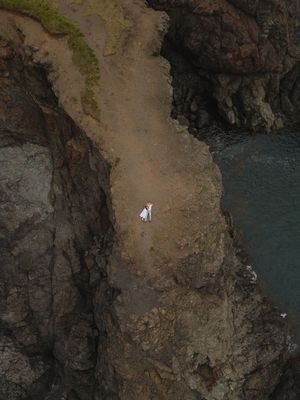 A sequence of rocky coastal cliffs overlooking deep blue waters with a small white seabird perched on the edge.