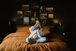 A moody series of connected images showing a person sitting on a bed in warm, atmospheric lighting.