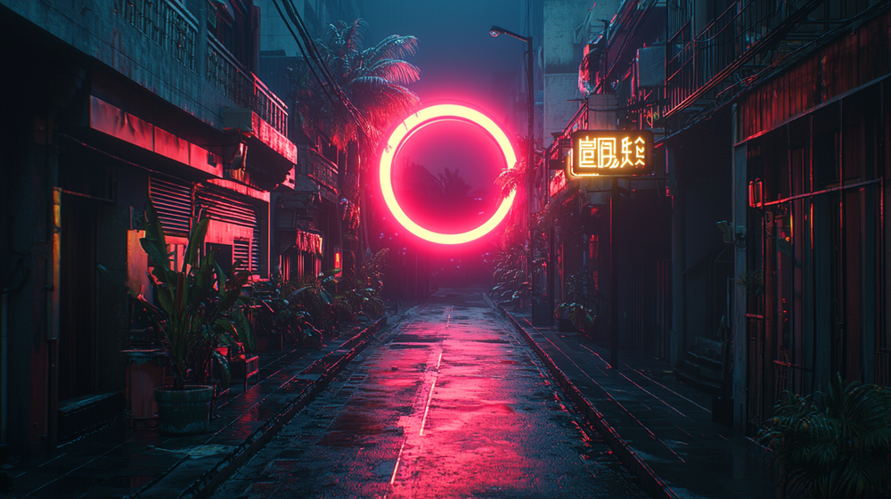 Neon red glowing circle illuminating a wet urban alleyway at night with Asian street signs and storefronts.