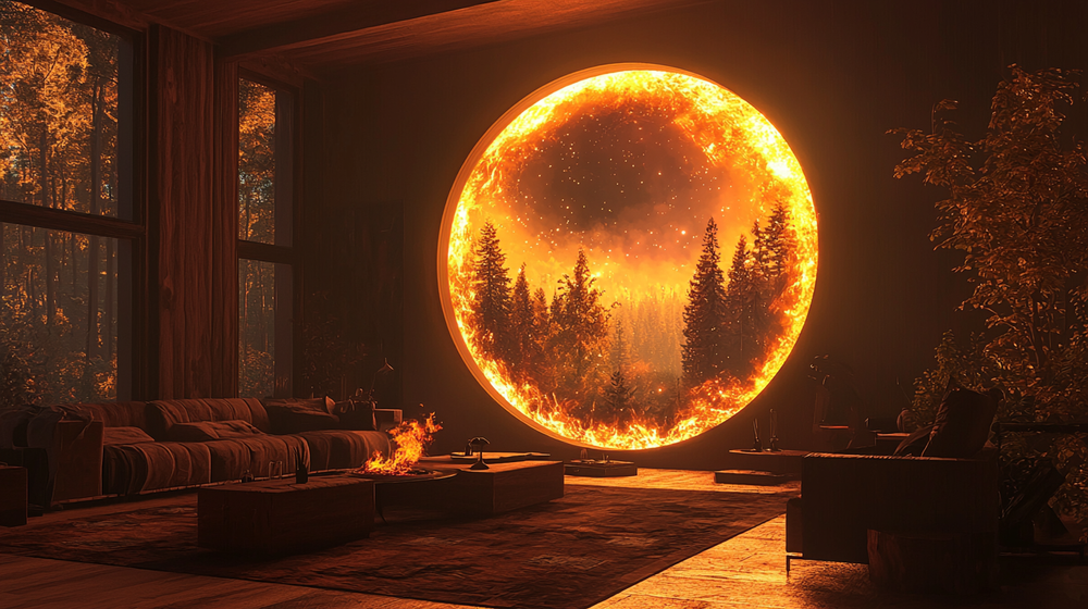 Cozy living room featuring a large circular window portal revealing a glowing forest fire scene at golden hour.