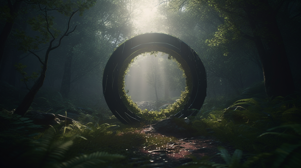 A mystical circular portal covered in moss glows in a misty forest with rays of light streaming through trees.