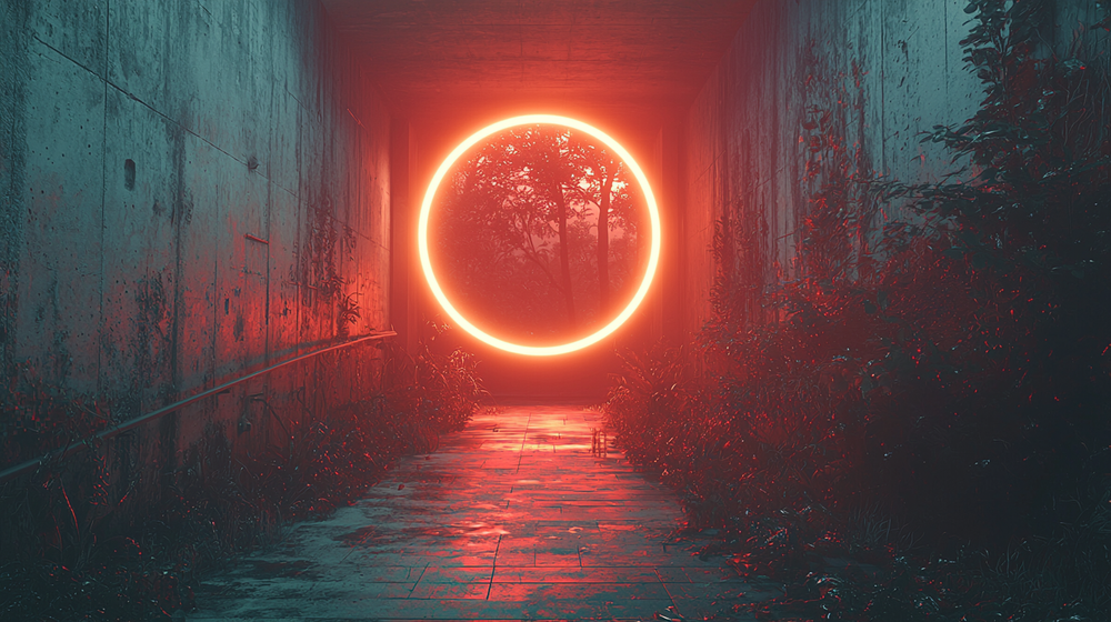 A glowing red neon circle illuminates a dark abandoned hallway with overgrown plants and wet floors.