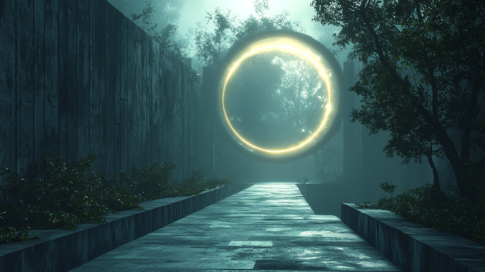 A luminous golden ring portal hovers over a foggy pathway flanked by concrete walls and lush trees.