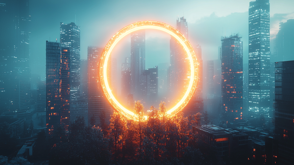 A massive fiery orange ring blazes above a futuristic city skyline shrouded in blue mist and smoke.