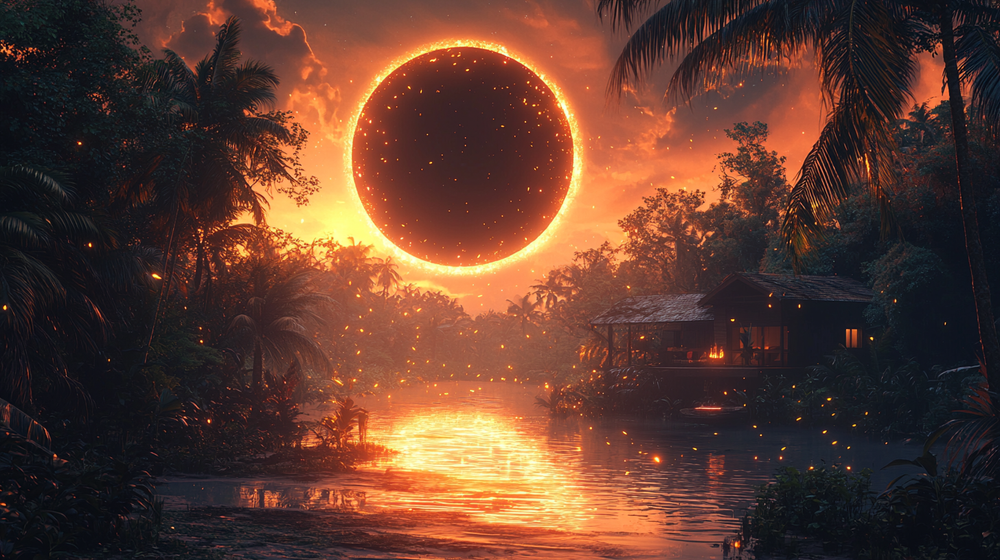 A radiant orange circular portal glows over a tropical river surrounded by palm trees at sunset.