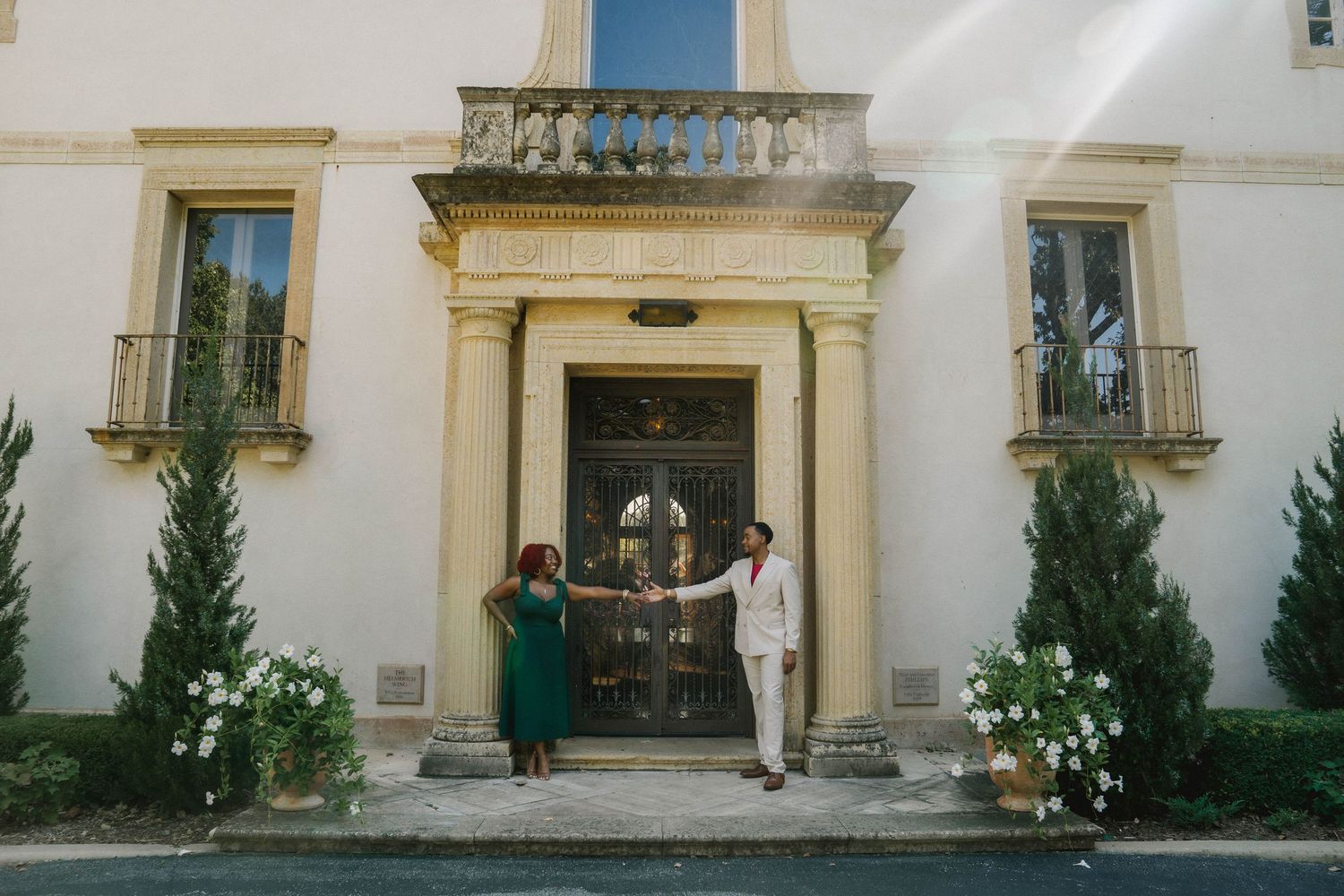 A series of elegant architectural shots showing a grand building entrance with classic columns and details.