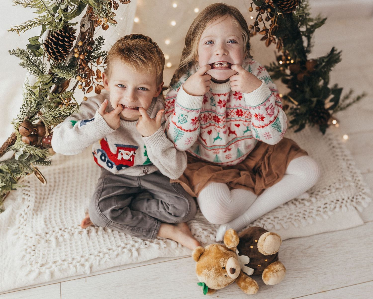 boho christmas photo of two children in yorkshire