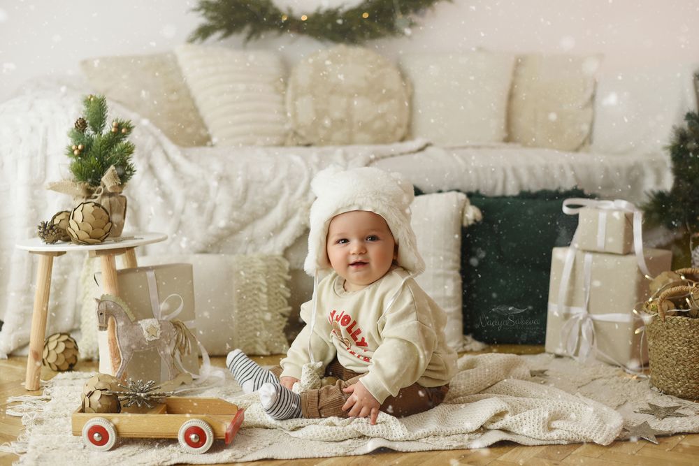 A collection of vintage-inspired Christmas photos with neutral tones featuring holiday decor and winter scenes.