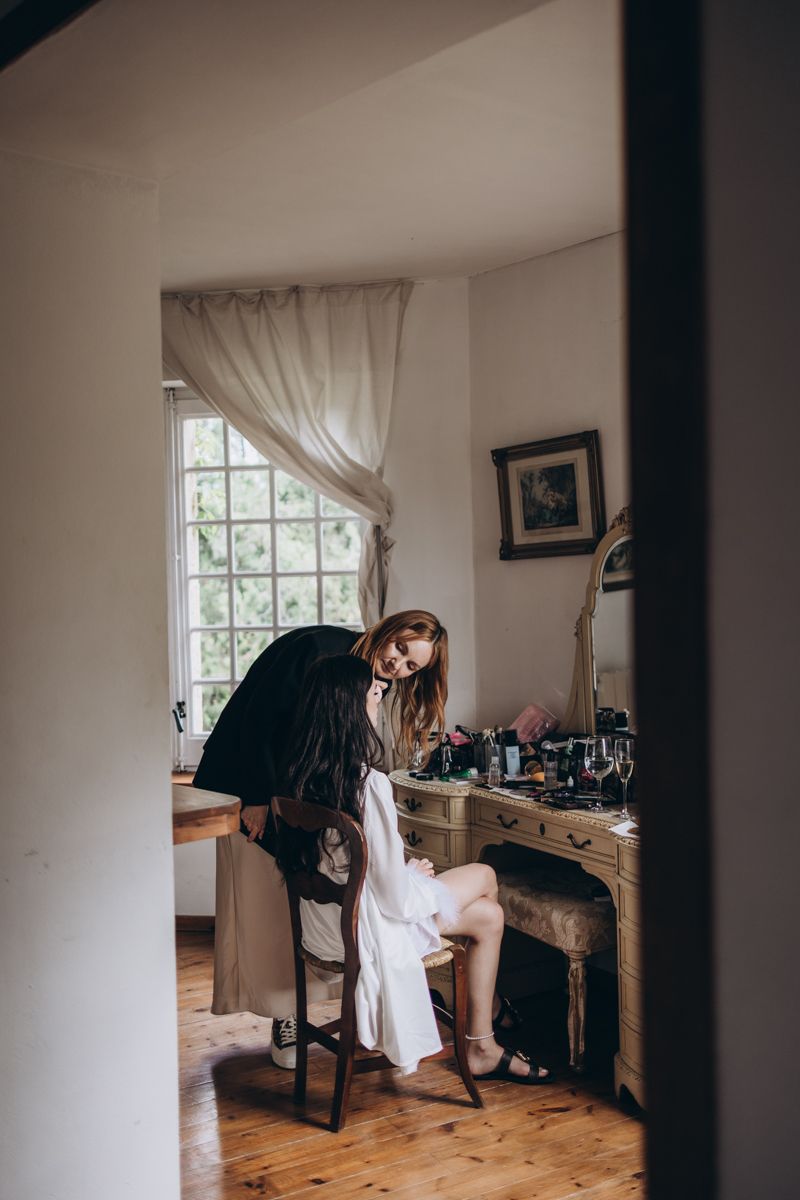 Wedding day morning moments in Barcelona, bride getting ready at La Baronia