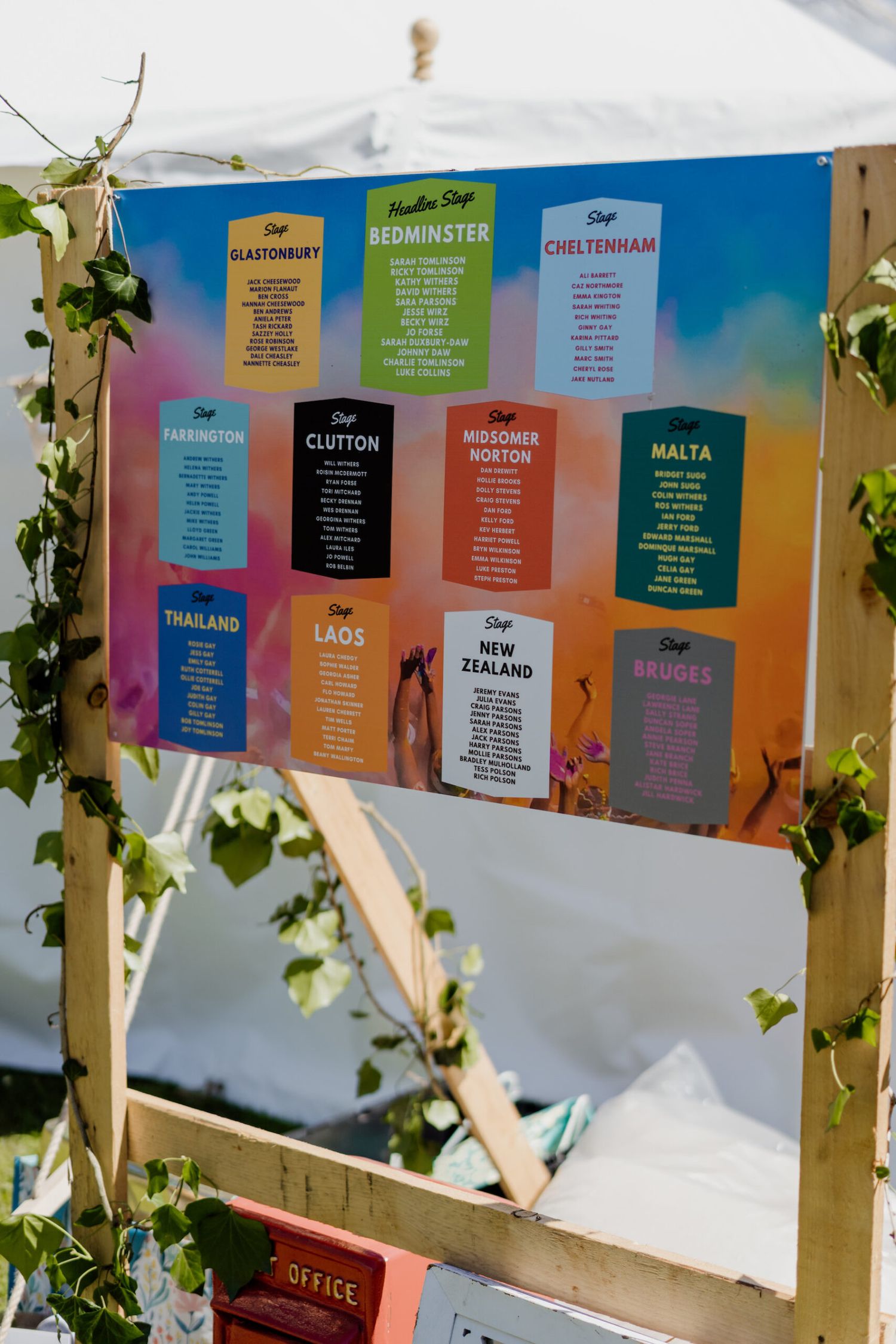 Colorful wedding seating chart display with destination-themed cards and greenery decoration.