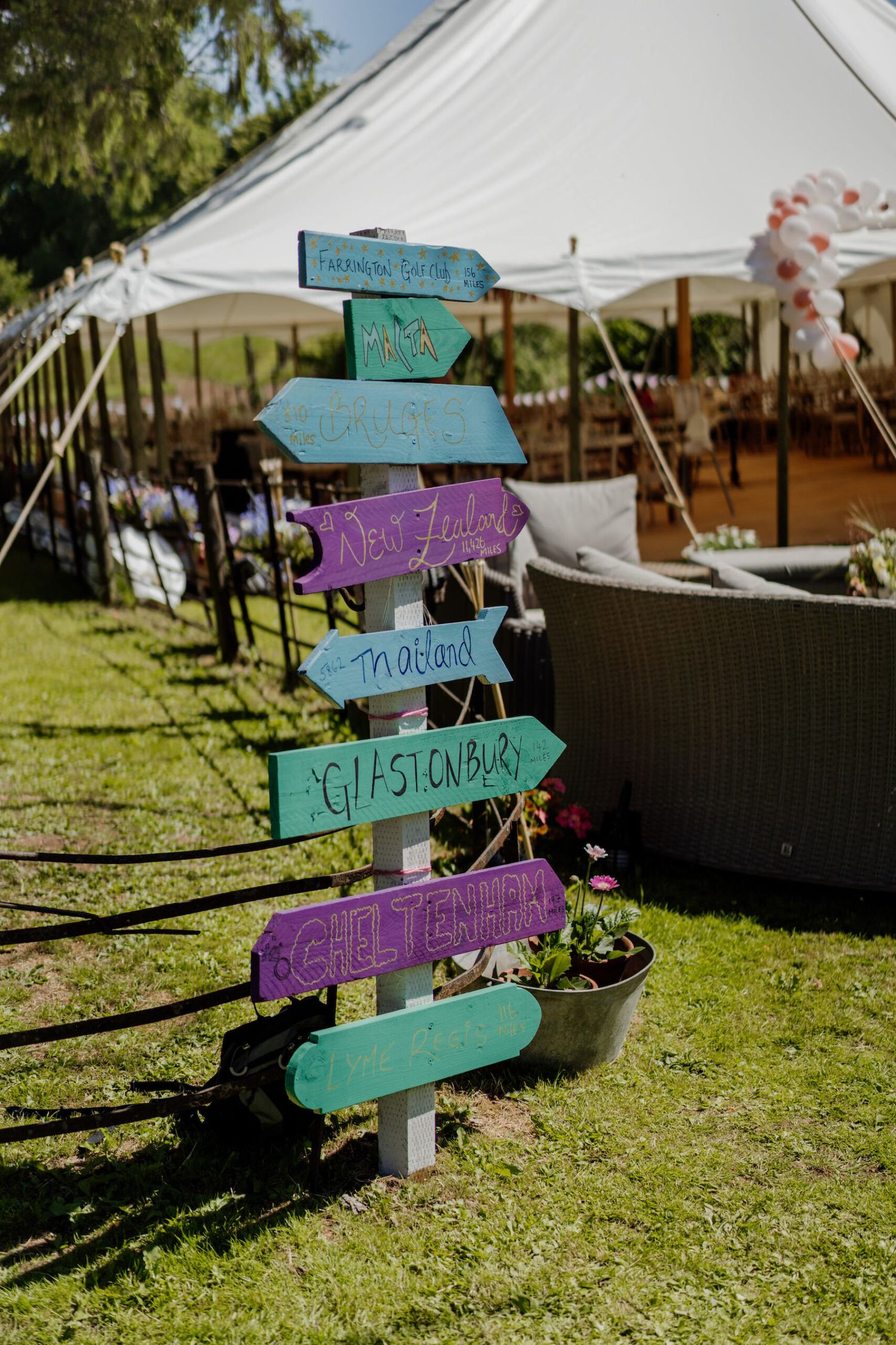 Handpainted teal wooden directional signs for wedding activities on grass lawn.