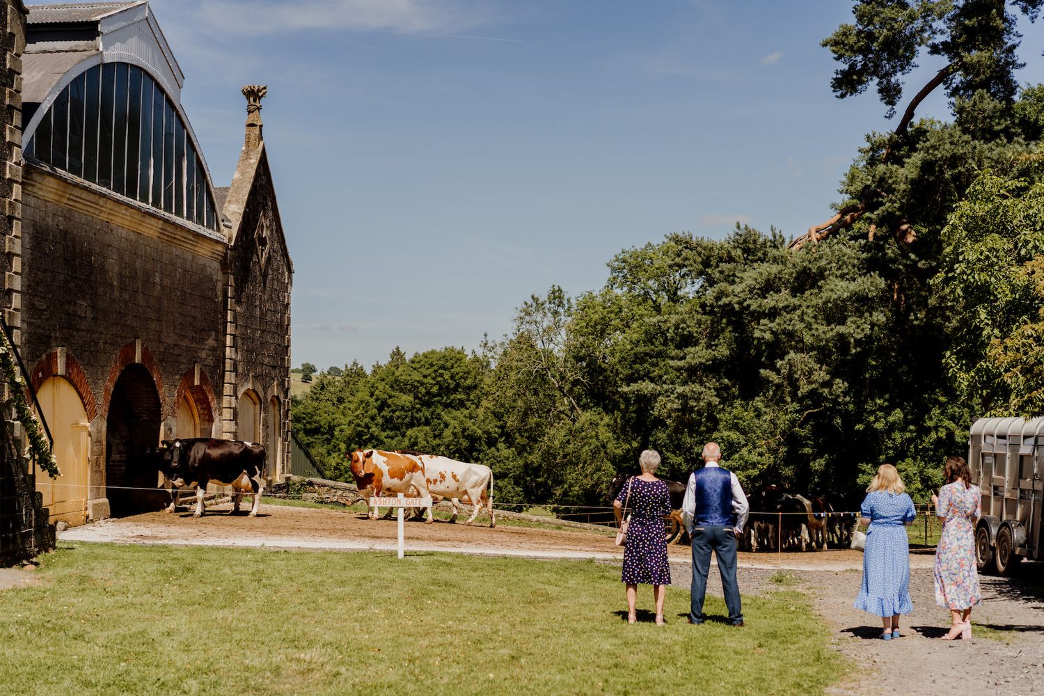 Wide view of a historic church grounds with guests walking on pathways.