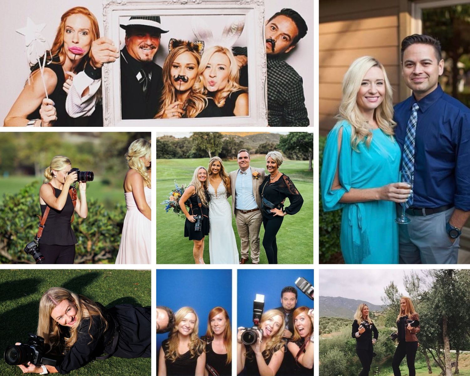 Collection of candid outdoor engagement and wedding photography moments in natural settings.