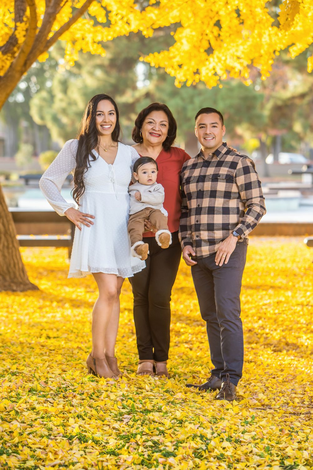 Family group poses together on fallen autumn leaves under vibrant yellow trees in a park setting.