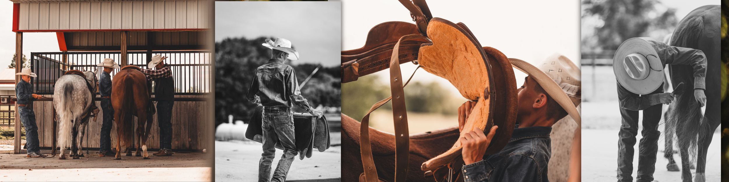 A series of vintage-style equestrian photographs in tones of brown and black showing horses and riders.