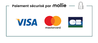 Logos of secure payment options including Mollie, Visa, Mastercard and CB displayed in a horizontal row.