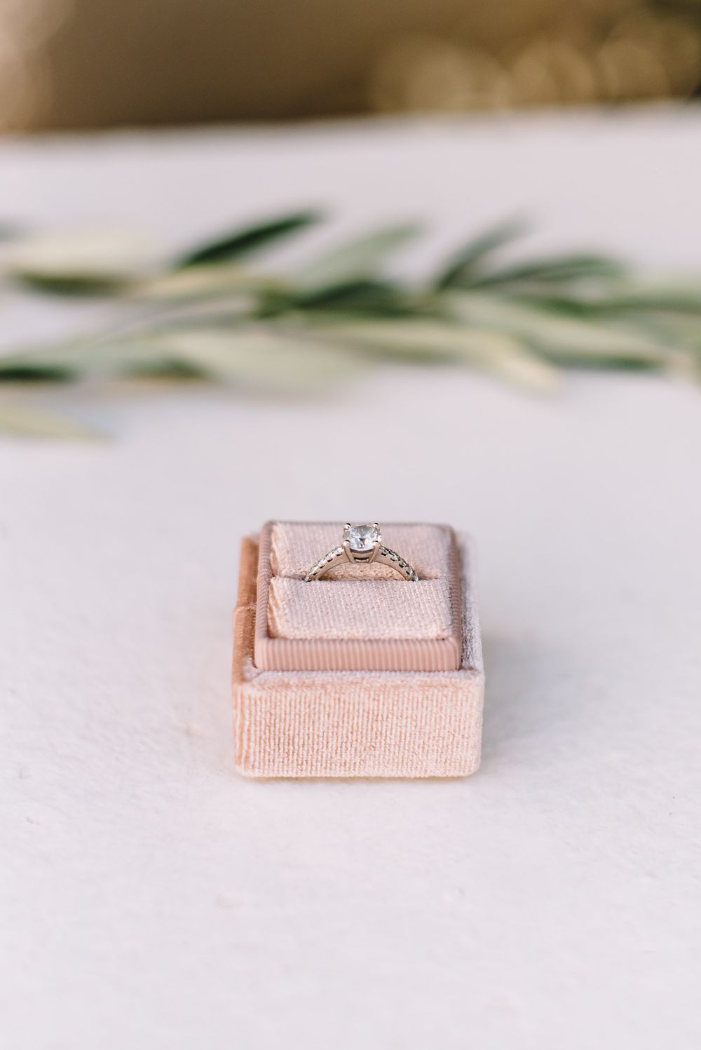 Elegant diamond engagement ring displayed in a blush pink velvet ring box on a white surface with greenery.