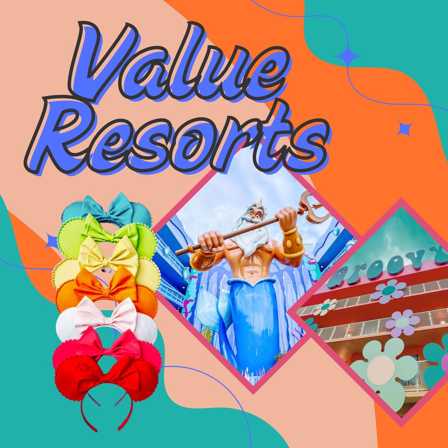 A colorful illustration featuring Mickey ear headbands, skiers on a slope, and an Asian-style pagoda building.