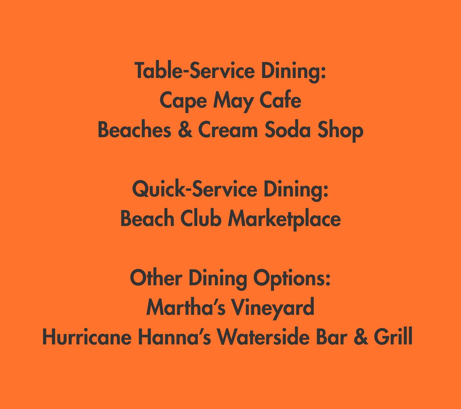 Orange informational graphic displaying Disney resort dining options and restaurants.