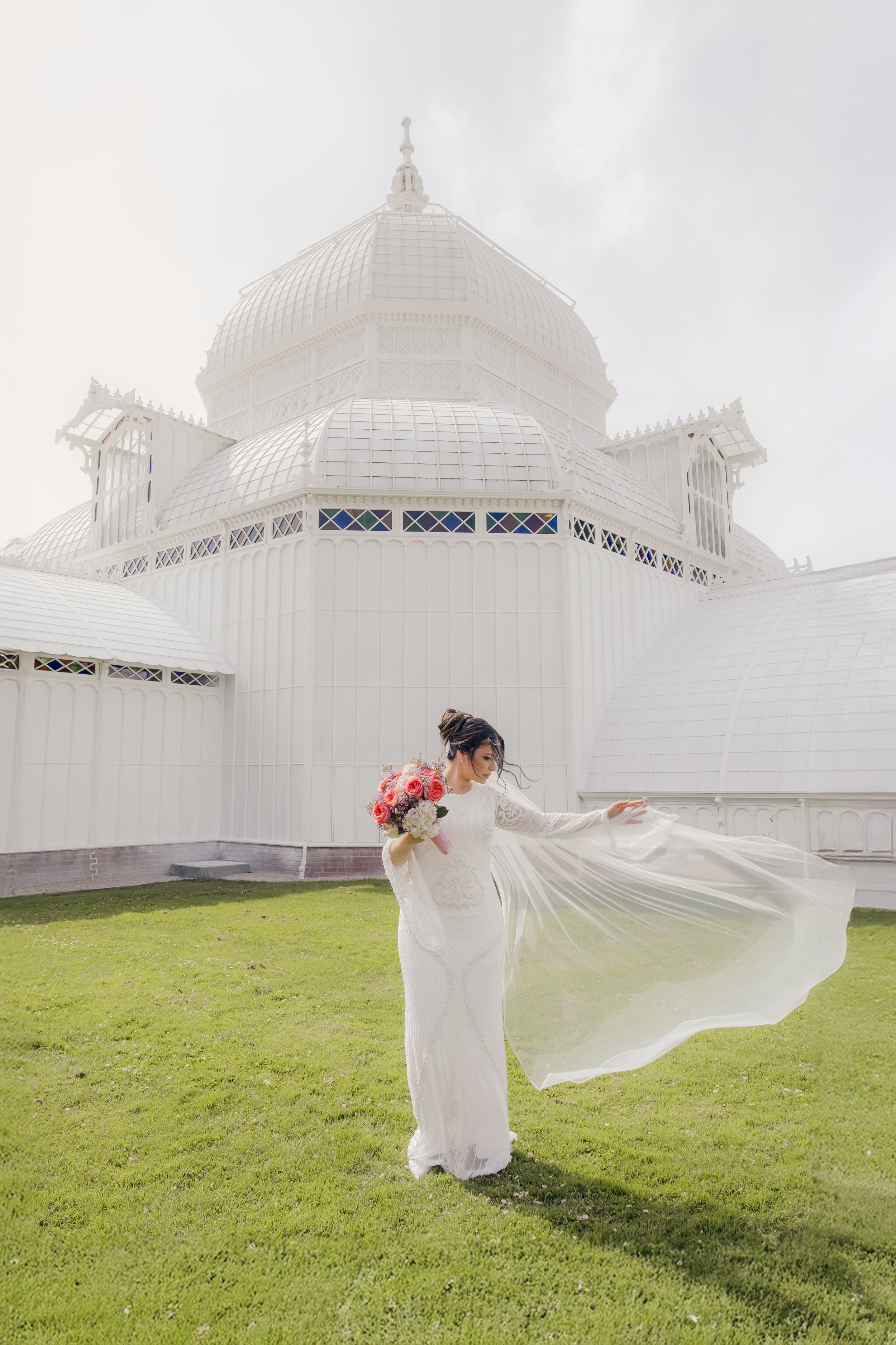 Bride during a post wedding photo shoot at the conservatory of flowers.