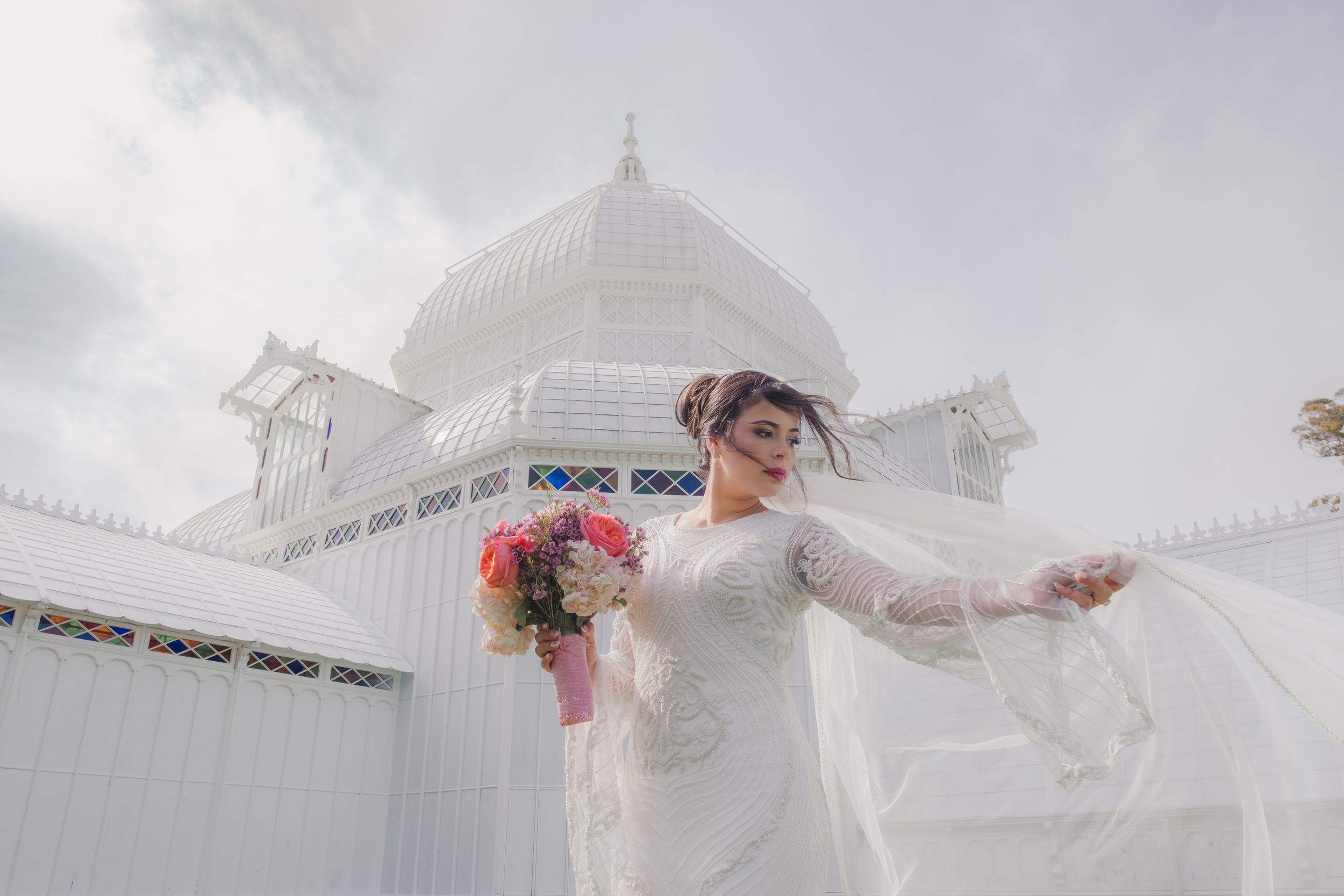 Bride during a post wedding photo shoot at the conservatory of flowers.