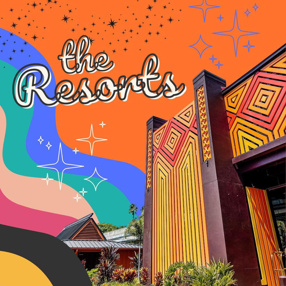 Colorful retro-styled artwork featuring 'the Resorts' text with geometric patterns and architectural elements.