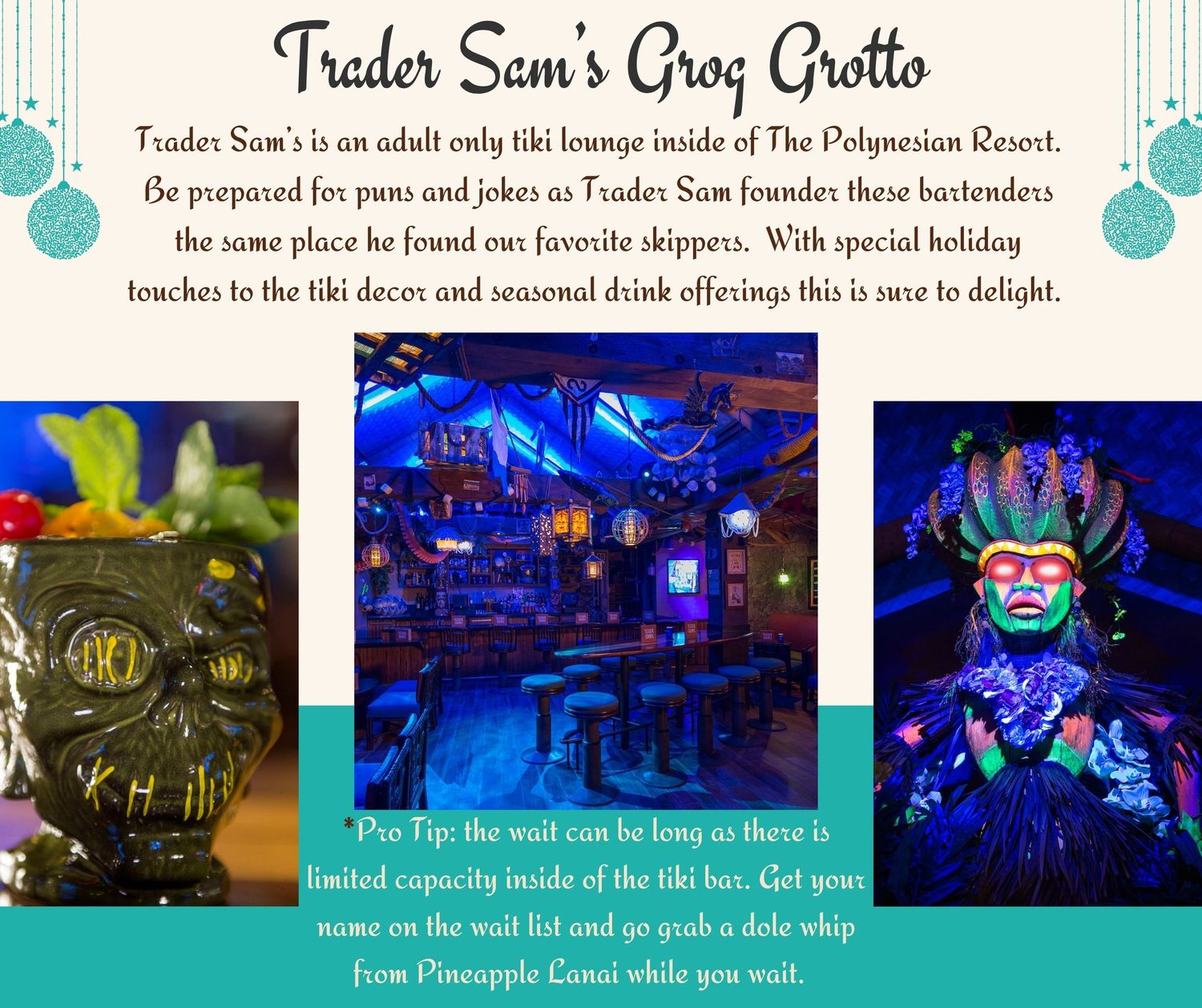 Tiki bar interior with neon lighting and tropical decor showcasing holiday cocktail offerings.