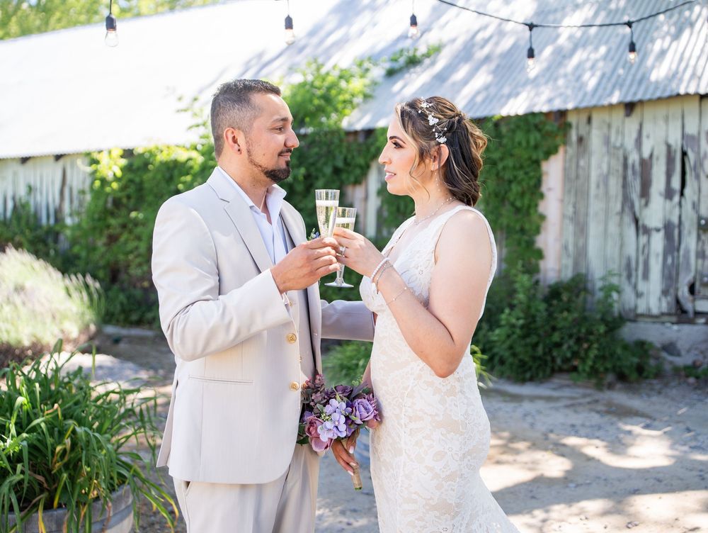 A couple toasts with champagne glasses at a rustic barn wedding venue on a sunny afternoon.