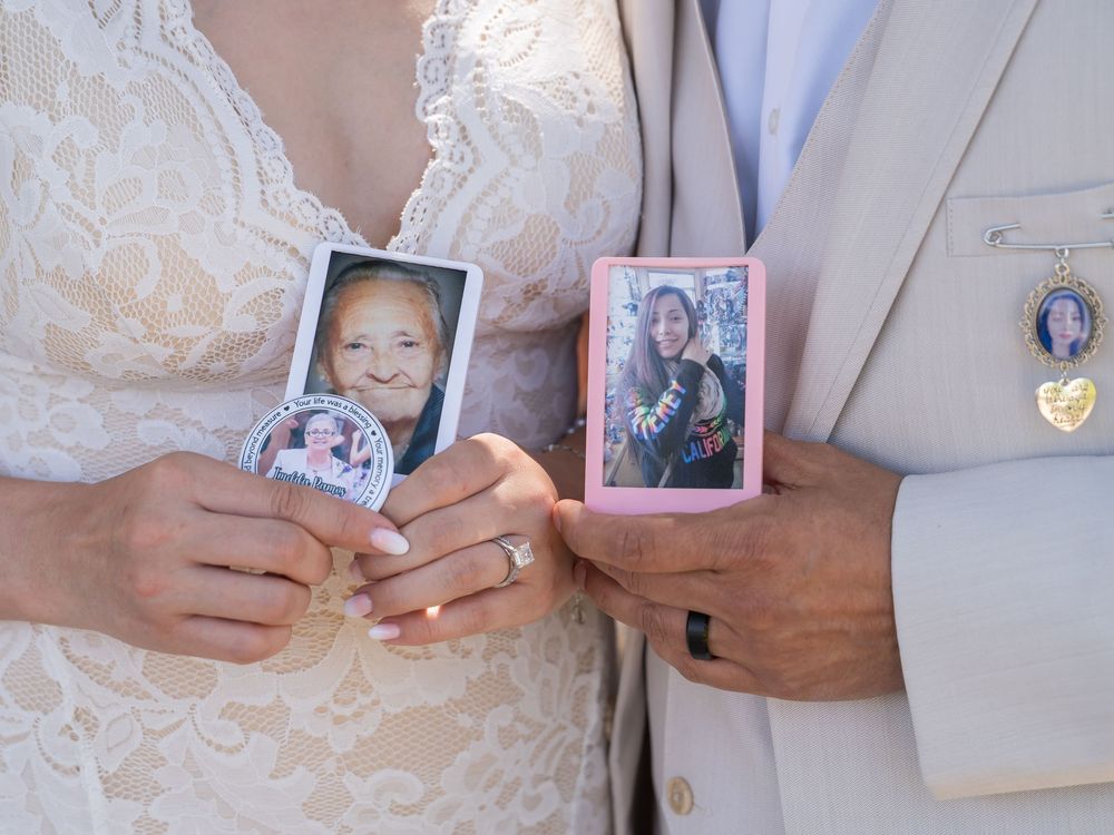 Multiple close-up shots show hands exchanging wedding rings during an intimate ceremony moment.