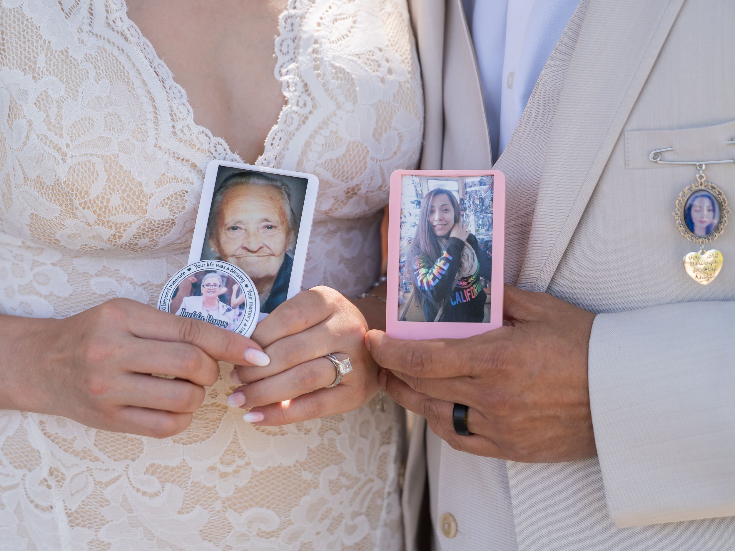 Multiple close-up shots show hands exchanging wedding rings during an intimate ceremony moment.