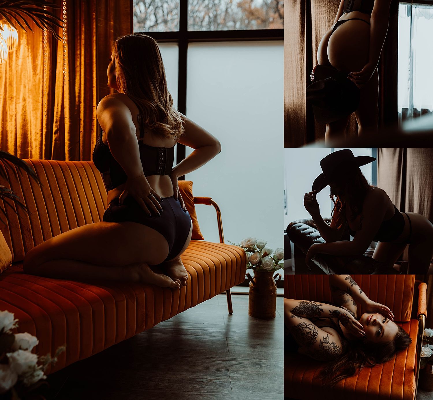 woman kneels on couch in studio golden light by Wisconsin photographer