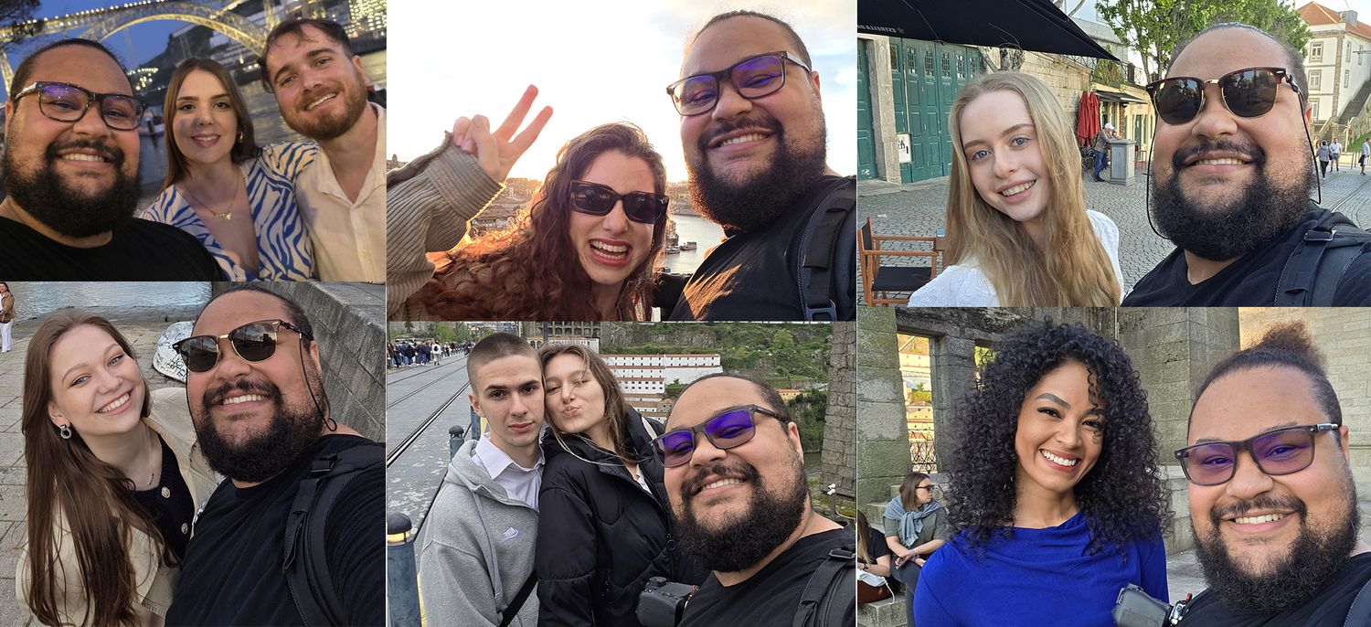 Collage of group selfies showing friends enjoying various outdoor activities.