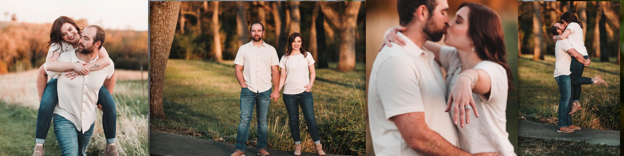 Romantic engagement photos show couple embracing outdoors at sunset in three candid poses.