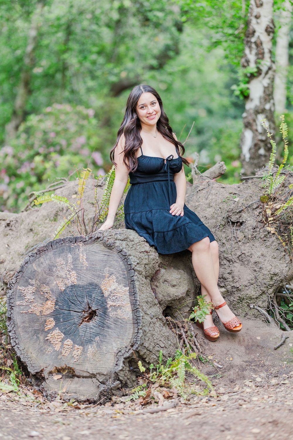 A summer portrait in a dark blue dress sitting on a forest log with lush greenery in the background.
