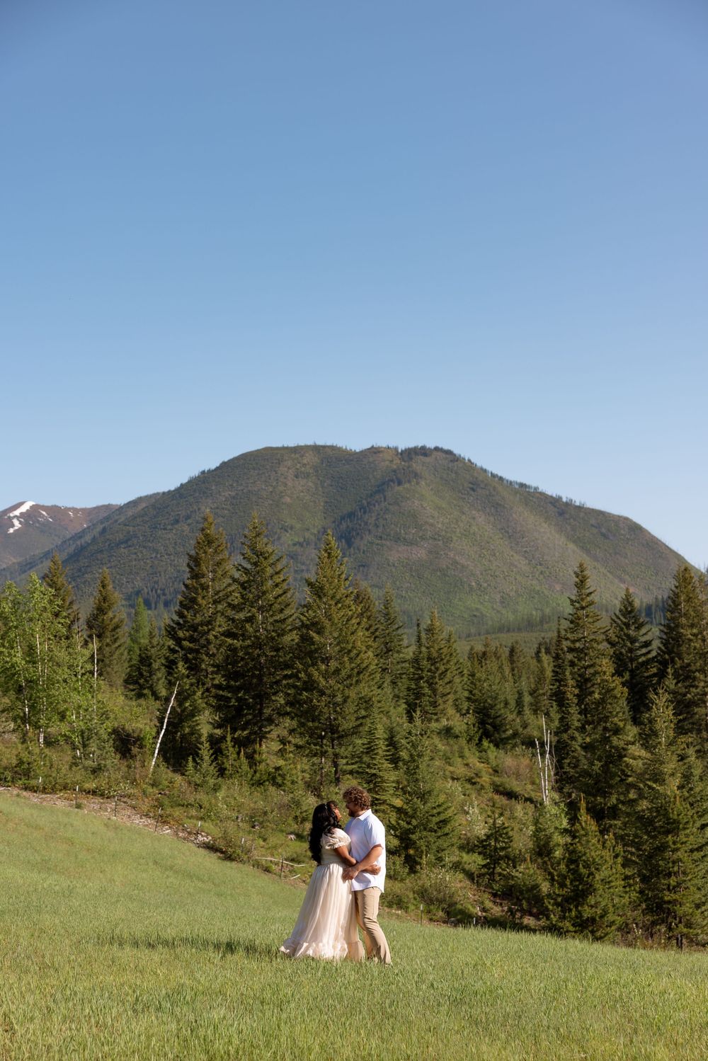 A wedding couple embraces in a mountain meadow with evergreen forest and peaks creating a scenic backdrop.