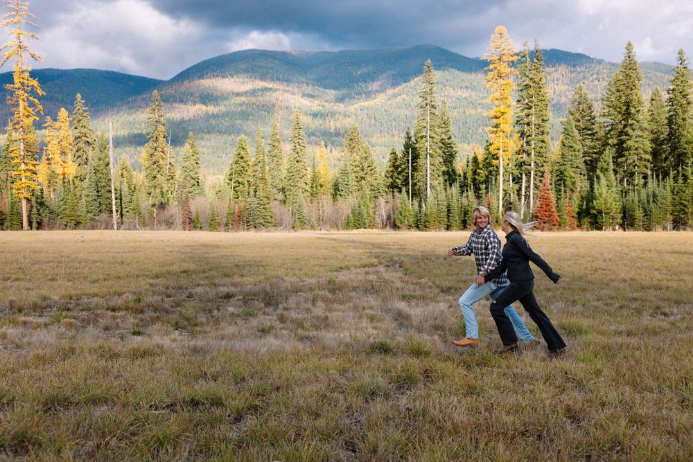 Someone walks across a scenic mountain meadow with evergreen trees and dramatic cloudy sky in the background.