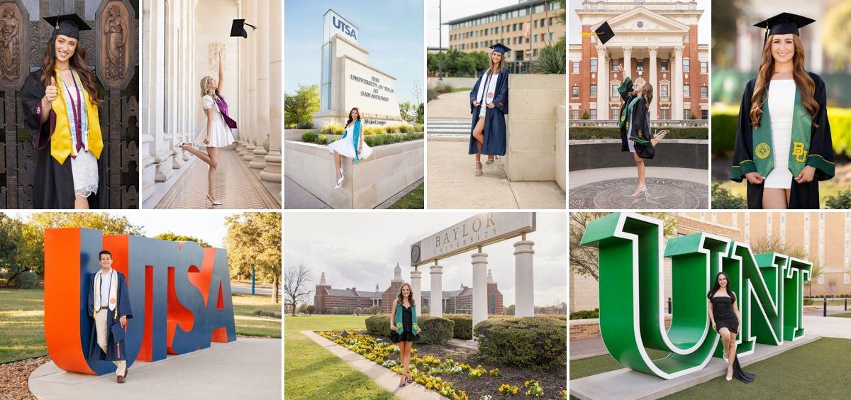 Graduation photo collage featuring students celebrating at university campus with UNT letters and iconic locations.