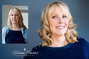 Before and after portrait showing dramatic style transformation.