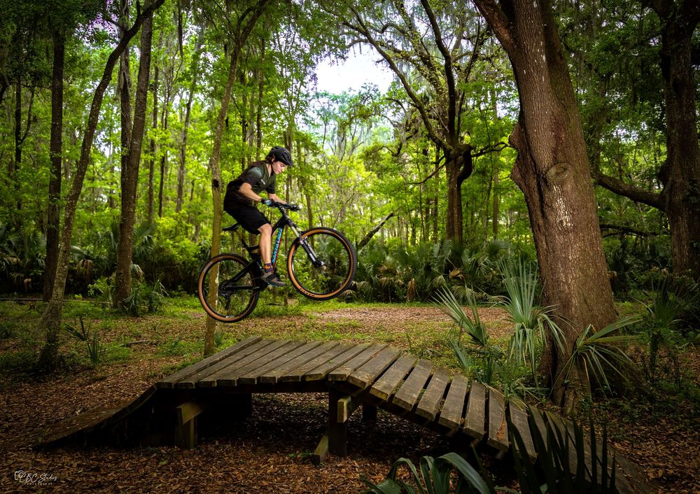 Mountain biker jumps over wooden bridge ramp on forest trail.