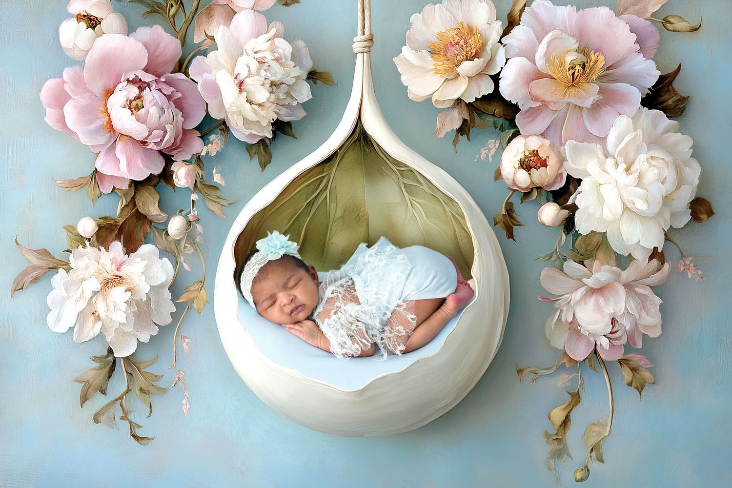 A sleeping baby nestled in a white hanging pod cradle surrounded by pink and peach roses against a blue background.