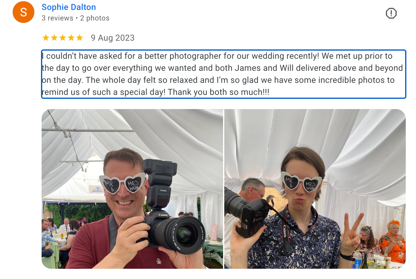 A collection of wedding photographer testimonials with sample photos.