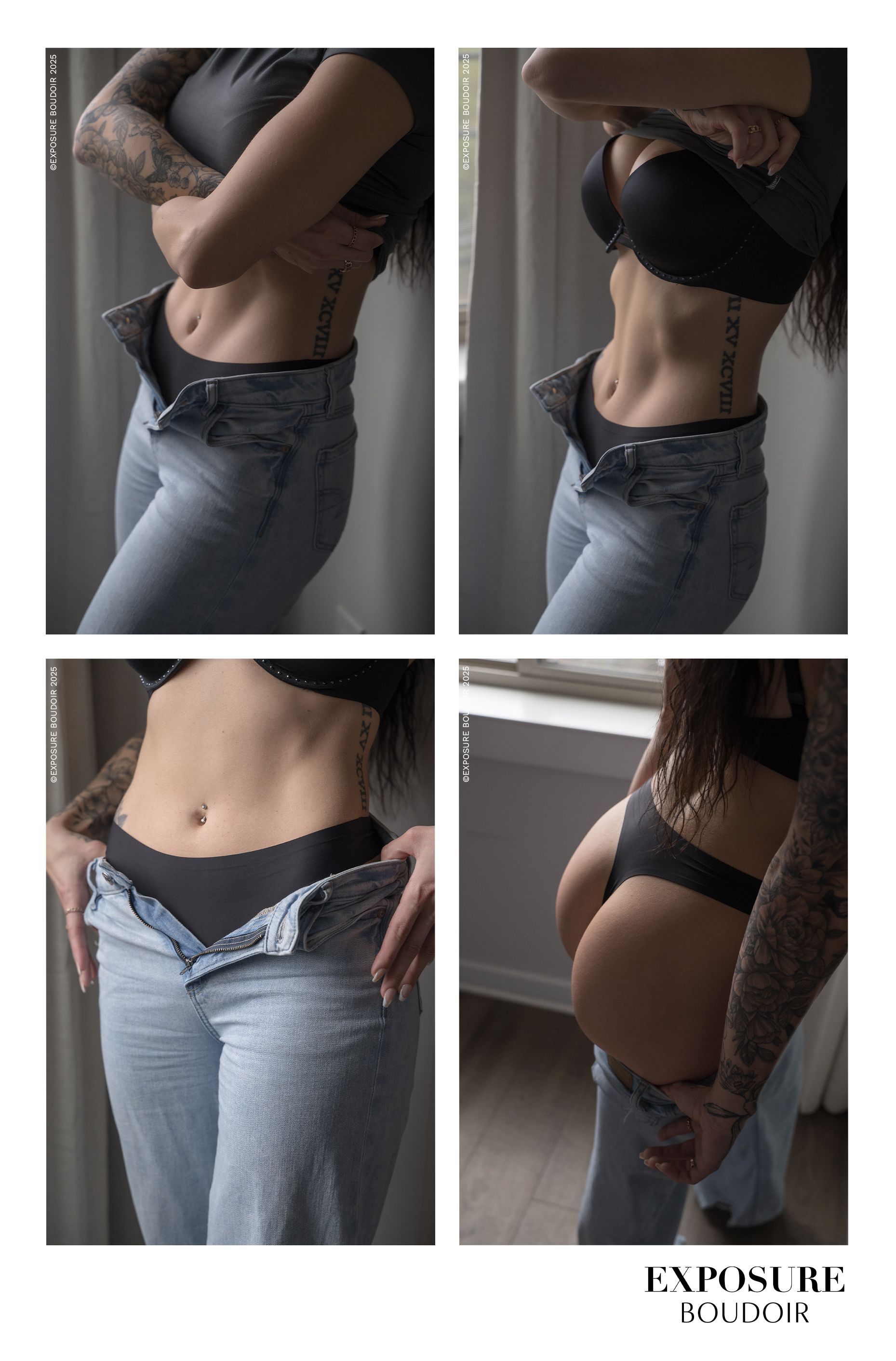 Four-panel boudoir photography series showing figure in jeans and dark top.