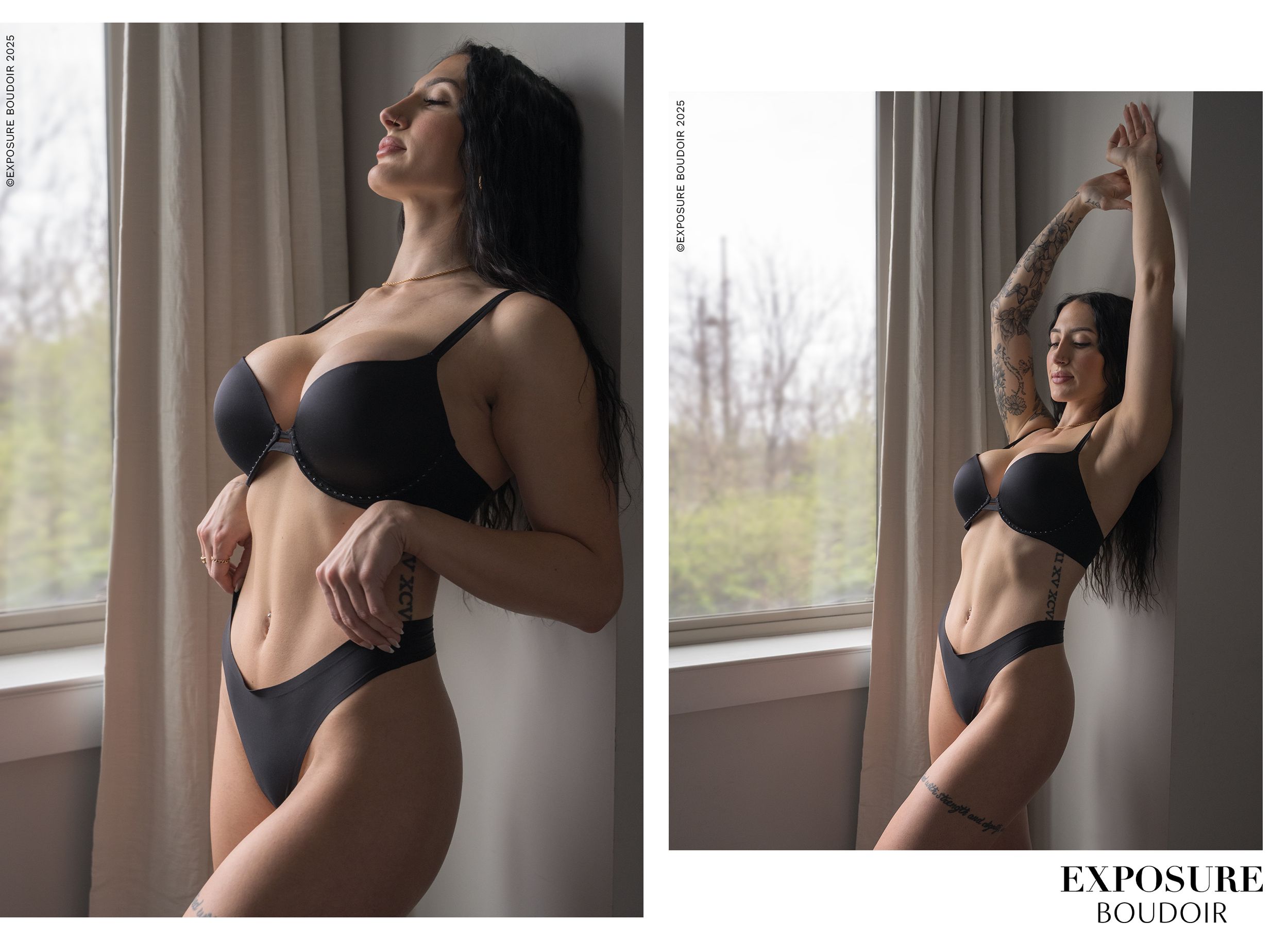 Elegant boudoir portraits by window showing artistic poses in black lingerie.
