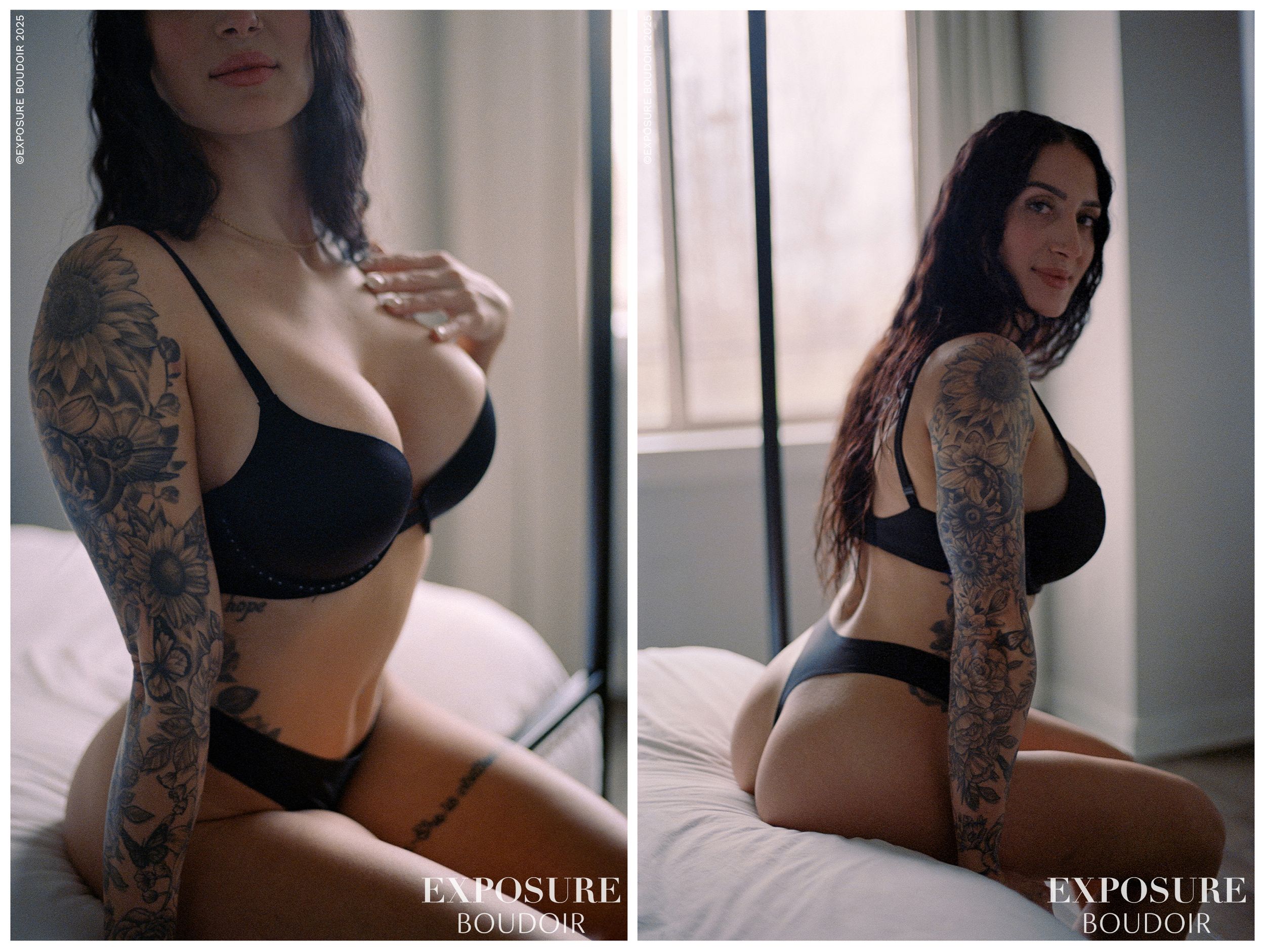 Side by side 35mm film photos of tattooed woman in black lingerie posing on bed in moody lighting.