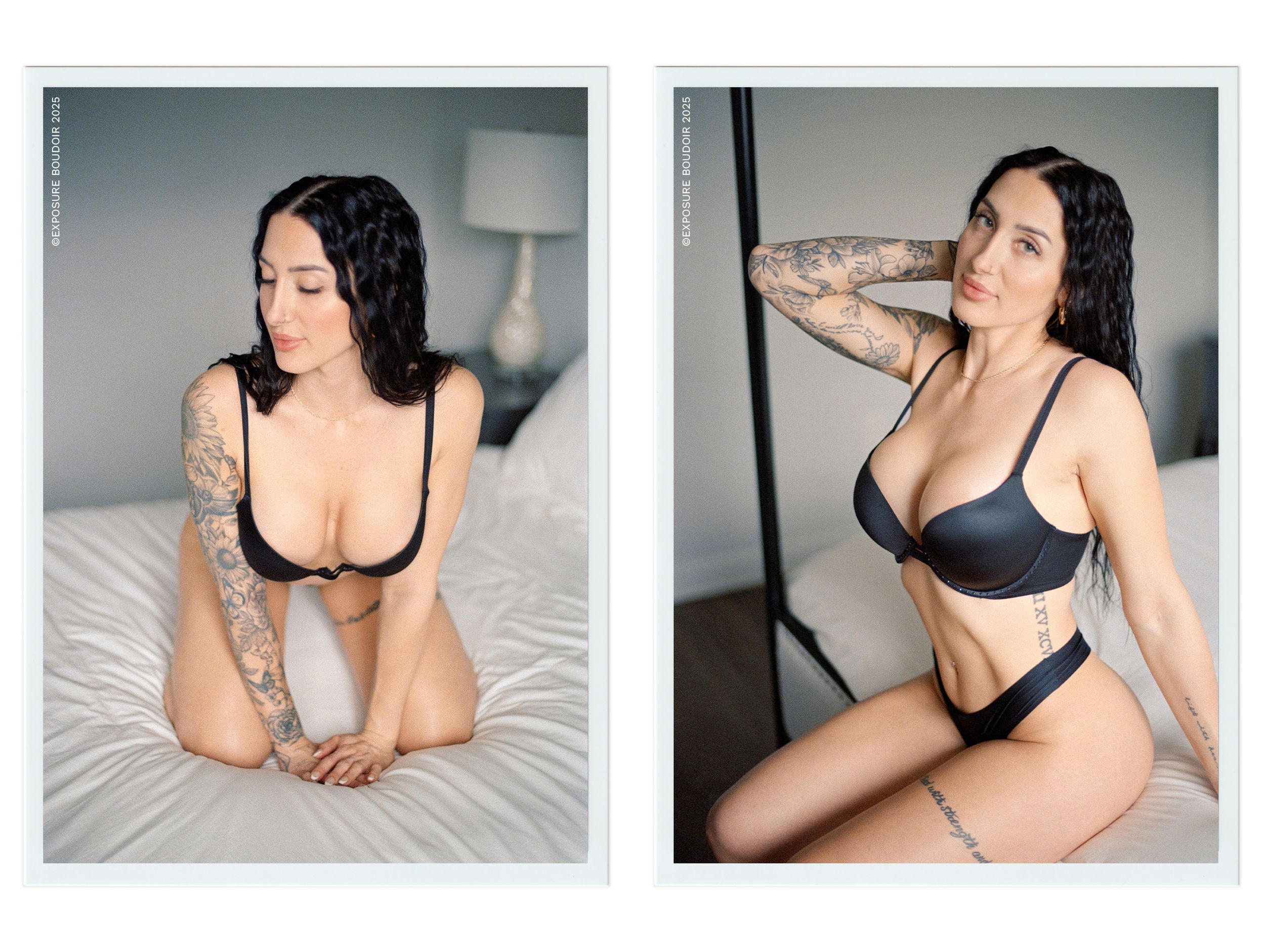 Intimate boudoir 35mm film photoshoot featuring natural poses on white bedding.